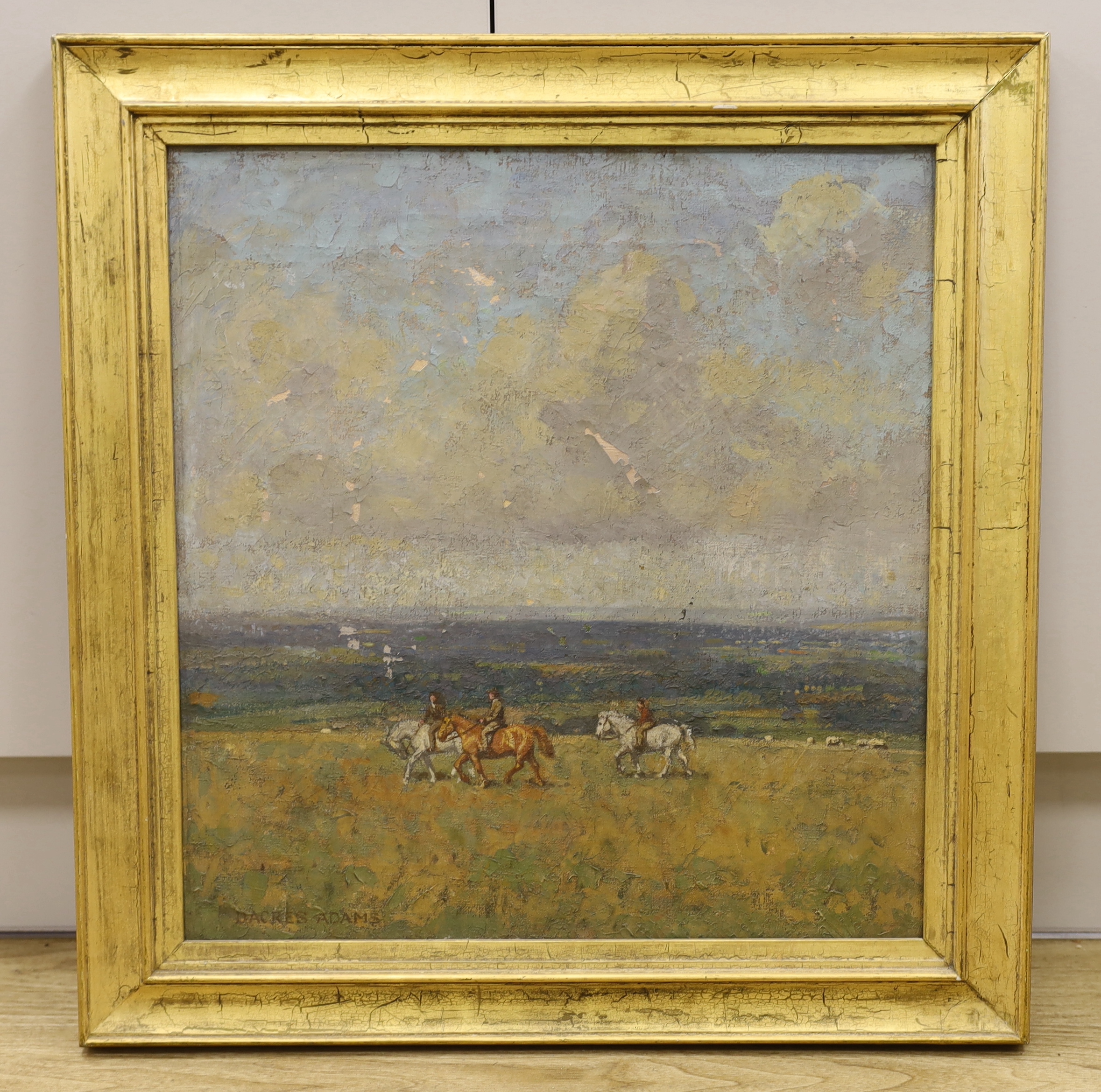 William Dacres Adams (1864-1951) oil on canvas, three horse and riders overlooking South Downs, possibly from Mount Harry and Black Cap, Lewes, signed, 48 x 45cm